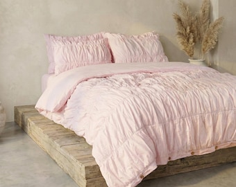 Rosa Baumwoll-Leinen-Überzug-Set | Cinched Falten Bettbezug | Blush Shabby Chic Schneckenhaus Tröster Bezug | Boho Queen King Twin Dorm Bettwäsche Set