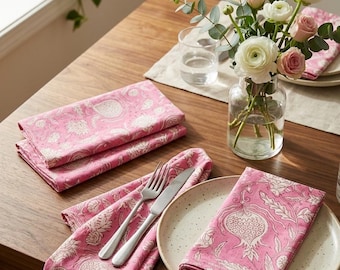Pink Floral Cotton Napkins Set, Hand Block Print Table Napkins, Reusable Cloth Napkins, Eco Friendly Dining Decor,Table Cloth Boho Napkins