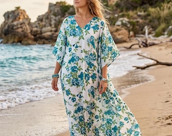 Blue Floral Beach Kaftan Dress for Women, Boho Maxi Cover Up, Loose Cotton Kaftan, Resort Wear, Summer Beach Dress, Plus Size Kaftan