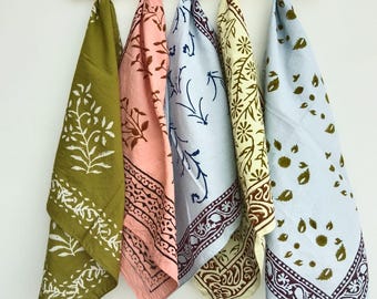 Set of 5 Hand Block Print Bandanas, Cotton Bandana Set, Floral Print Bandana, Boho Head Scarf, Handmade Bandana, Gift for Her