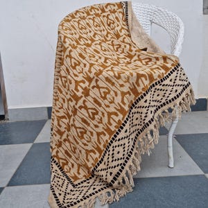 手織りコットンブランケット：ボヘミアン風ブロックプリント、72x52