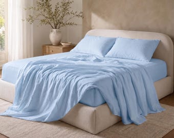 Sky Blue Bed Sheet Set, Soft Cotton Bedding, Minimalist Bedroom Decor, Breathable Fitted Sheet, Queen King Twin Bedding