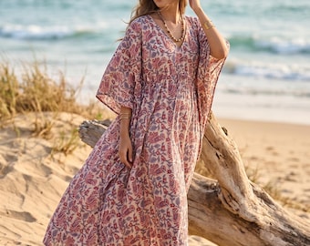 Boho kaftanjurk voor dames, bloemen strandkaftan, katoenen maxi kaftan, losse pasvorm resortkleding, zomervakantiejurk, boho loungewear