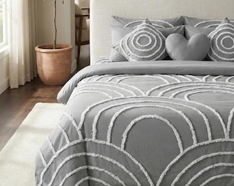 3 Piece Tufted Cotton Duvet Cover Set, Light Grey Duvet Cover With Pillowcases, King/Queen/Twin Custom Size Quilt Comforter Cover Set,
