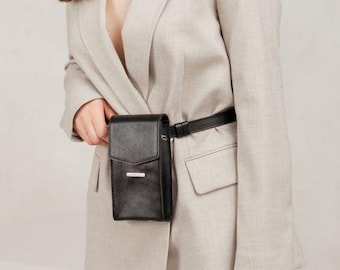 Vertical Leather Belt Bag For Phone Designed As A Minimalist Leather Waist Pouch For Women