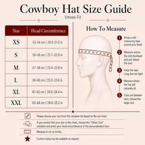 Puede incluir: Gu&iacute;a de tallas de sombreros de vaquero con medidas de circunferencia de la cabeza en cent&iacute;metros y pulgadas. Incluye instrucciones sobre c&oacute;mo medir la cabeza. Tallas de XS a XXL.