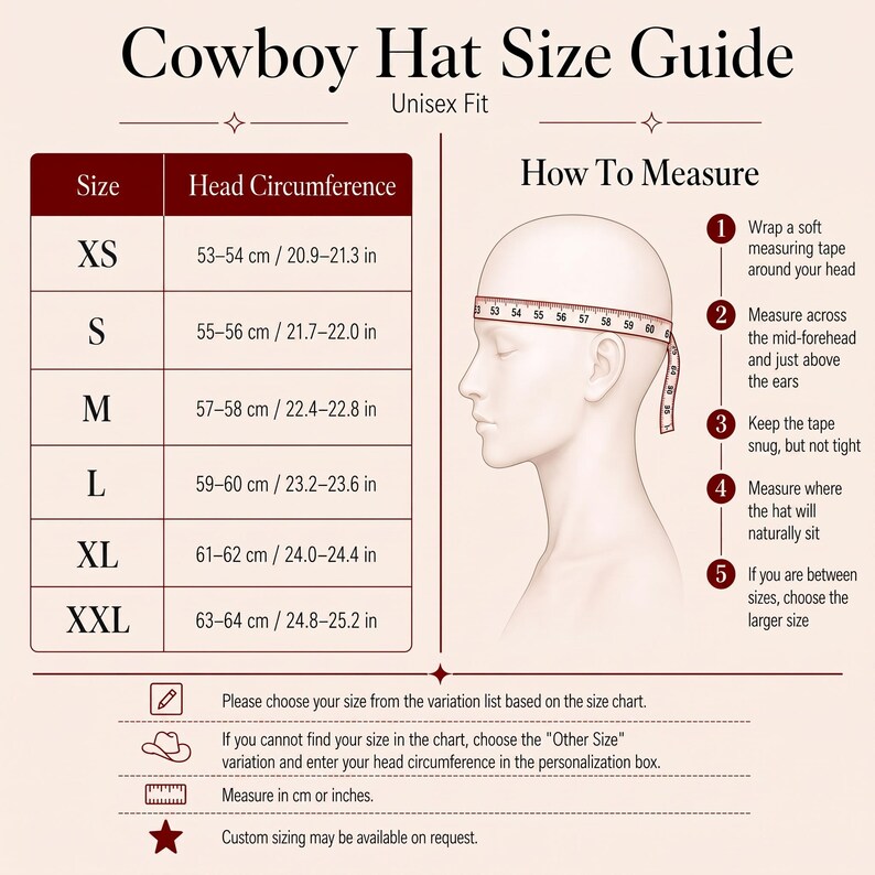 Puede incluir: Gu&iacute;a de tallas de sombreros de vaquero con medidas de circunferencia de la cabeza en cent&iacute;metros y pulgadas. Incluye instrucciones sobre c&oacute;mo medir la cabeza. Tallas de XS a XXL.