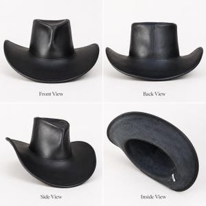 Puede incluir: Un sombrero de vaquero de cuero negro, mostrado desde m&uacute;ltiples &aacute;ngulos. El sombrero tiene un ala ancha y una copa alta y redondeada. Se muestran las vistas frontal, trasera, lateral e interior, destacando la construcci&oacute;n y los detalles del sombrero.