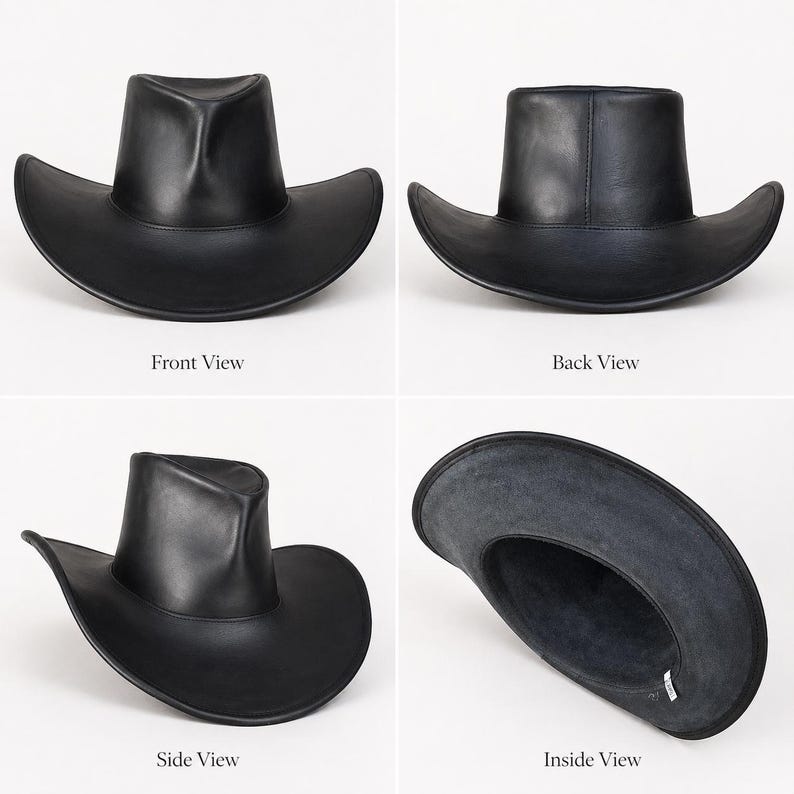 Puede incluir: Un sombrero de vaquero de cuero negro, mostrado desde m&uacute;ltiples &aacute;ngulos. El sombrero tiene un ala ancha y una copa alta y redondeada. Se muestran las vistas frontal, trasera, lateral e interior, destacando la construcci&oacute;n y los detalles del sombrero.