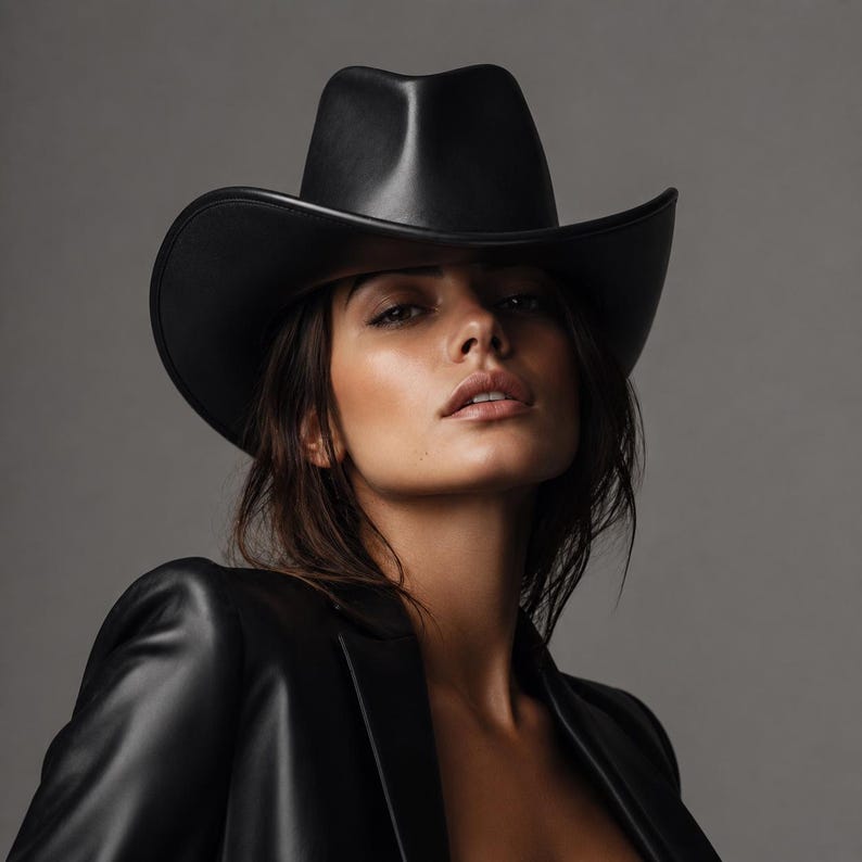 Puede incluir: Un sombrero de vaquero negro con ala curvada. El sombrero se lleva con una blazer negra. La imagen es un primer plano sobre un fondo gris. La copa del sombrero est&aacute; ligeramente hundida.