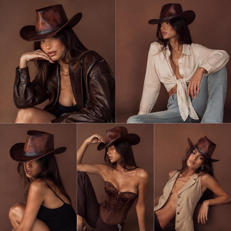 Puede incluir: Una colecci&oacute;n de im&aacute;genes que muestran un sombrero de vaquero de cuero marr&oacute;n. El sombrero tiene un dise&ntilde;o cl&aacute;sico con un ala ancha y una corona ligeramente curvada. Las im&aacute;genes presentan el sombrero combinado con varios atuendos, incluyendo una chaqueta de cuero, una camisa anudada y un cors&eacute;.