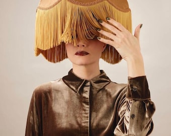 Brown Velvet Lampshade with Gold Fringing: Art Deco Style, Handmade in England