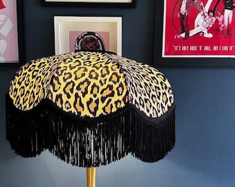 Leopard Print Velvet Fringed Lampshade: Art Deco Style, Handmade in England