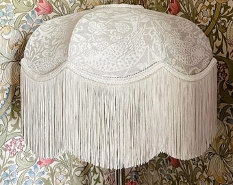 William Morris Strawberry Thief Fringed Lampshade (Flax) | Art Deco Style, Handmade in England