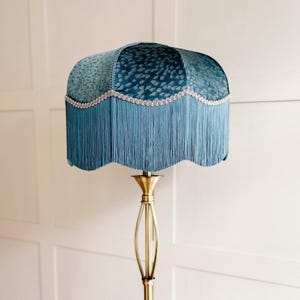 Blue Velvet Fringed Lampshade with Tassels / Art Deco Vintage-Inspired Pendant or Table/Floor Light by Tinker & Tallulah