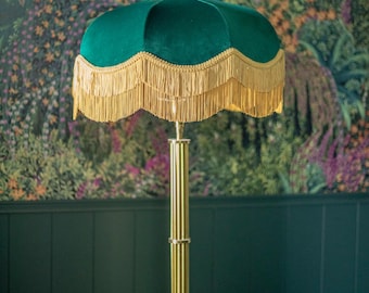 Emerald Green Velvet Lampshade: Art Deco Fringed Light, Handmade