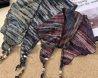 Vintage Knit Triangle Scarf with Beaded Tassel