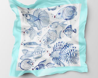 Lenço com estampa de peixes do oceano: Bandana de seda com estampa de vida marinha