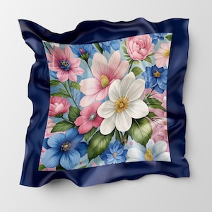 Floral Silk Blend Square Scarf: Colorful Rose Turban, Neckerchief