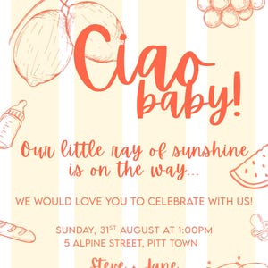 Ciao baby I Ciao Bambino I Baby Shower Invitation Template, Fully Customizable I Italian Themed Party