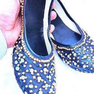 JutiWorlds Provide By Traditional Handmade Black Punjabi Jutti – Mirror & Gold Bead Embellished Women&#39;s Shoes&quot;