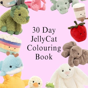 Könnte beinhalten: Eine Ansammlung von Stofftieren in verschiedenen Formen und Farben, darunter ein Dinosaurier, ein Axolotl und ein Drache, umgeben den Text "30 Day JellyCat Colouring Book" auf rosa Hintergrund.