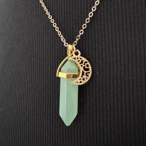 Green Aventurine Crystal Pendant Gold Necklace Celestial Moon Charm, Mystical Witchy Healing Natural Gemstone Dainty Delicate Spiritual Gift