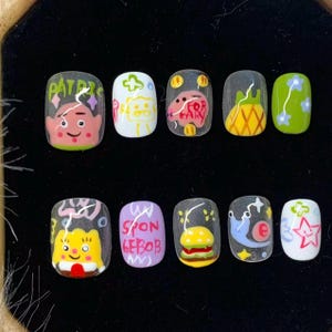 Christmas Nails,Playful Bikini Bottom Theme,SpongeBob Patrick Star Fun Nails-Cute Hand-Painted Cartoon Characters&Burger Design