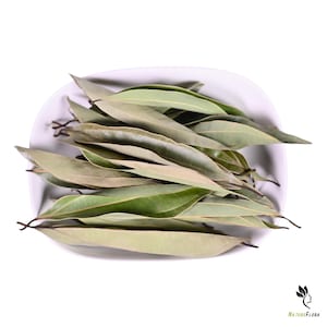 Op de afbeelding: Een witte kom gevuld met gedroogde laurierbladeren. De bladeren zijn een mix van groen en bruin, met een licht gebogen vorm. De bladeren zijn in een hoop gerangschikt, waarbij sommige elkaar overlappen. De achtergrond is wit.