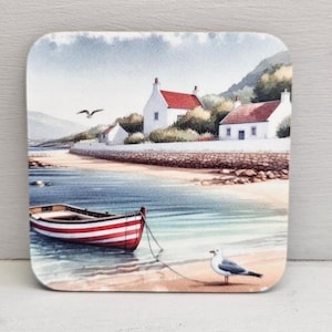 Boat on the shore printed coaster, sea, ocean, seagull, gulls, coast, houses, gift idea, birds, seaside, holiday, homeware, coaster, mat