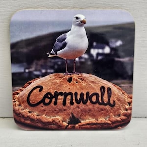 seagull on a pasty printed coaster, cornwall, pasty, seagull, birds, holiday, beach, food, gift idea, memories, gulls, coaster, seaside