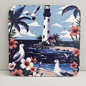 Seagull printed coaster, birds, coastal, Cornwall, lighthouse, flowers, home decor, beer mat, coaster, sea, ocean, holiday, tableware, gulls