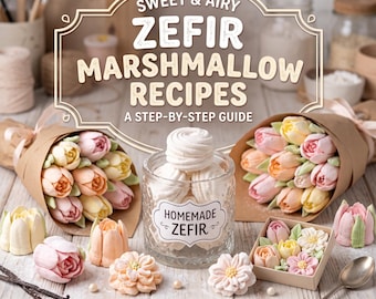 May include: A cookbook titled Sweet & Airy Zefir Marshmallow Recipes A Step-By-Step Guide by YanaTheWise, featuring a glass jar of white marshmallow swirls, two bouquets of tulip-shaped marshmallows, and a small box of floral-shaped treats.