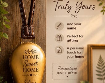 Personalized Rustic Cow Bell | Farmhouse Door Decor, Antique Gold Finish, Leather Strap