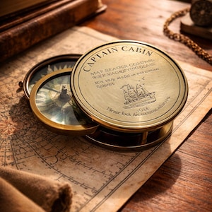Puede incluir: Una brújula Captain Cabin de latón vintage con una lupa, sobre un mapa antiguo detallado. La brújula tiene una tapa con bisagras con texto grabado y una ilustración de un barco. La escena está sobre una superficie de madera.