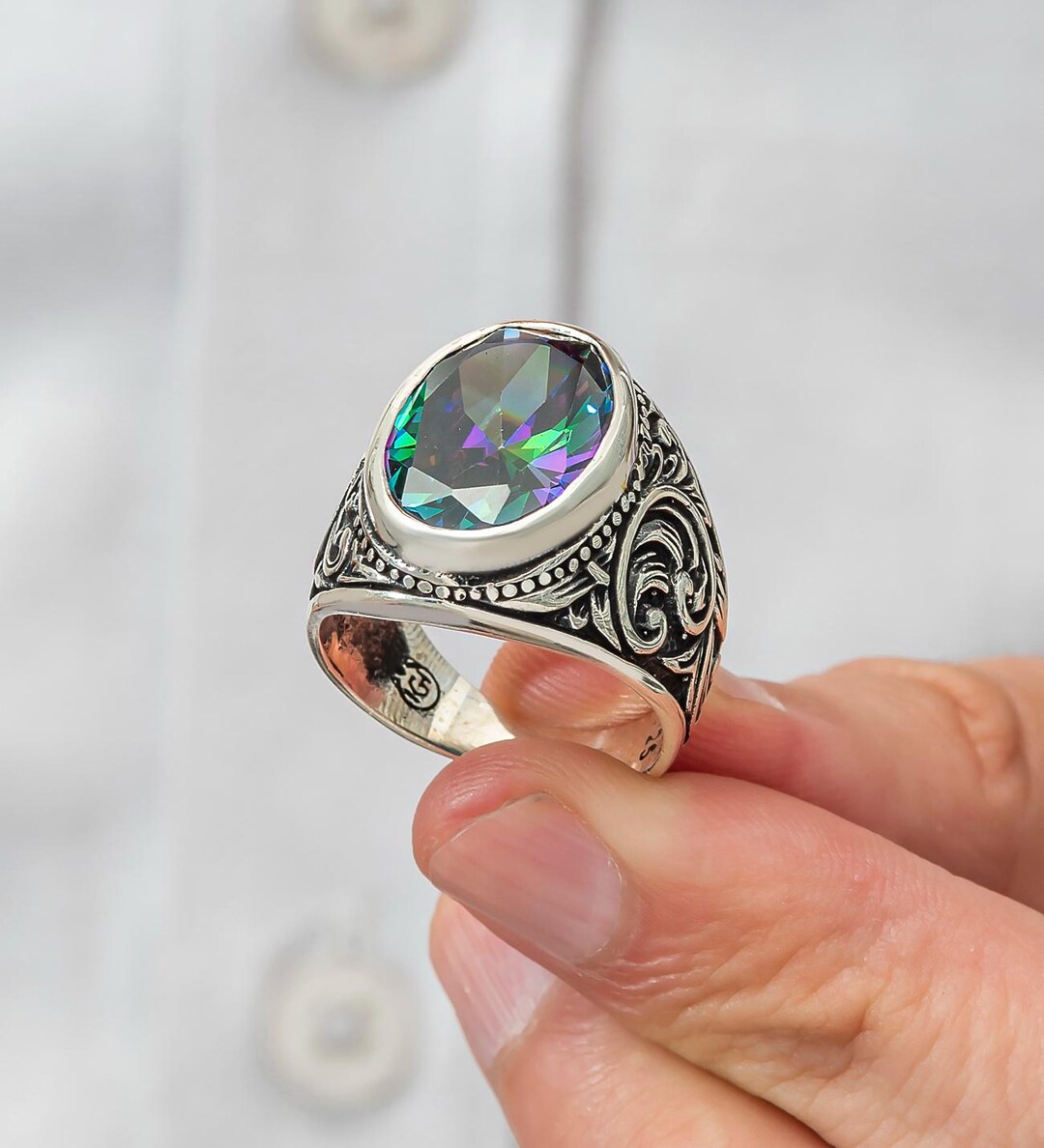 ミスティックトパーズ 925スターリングシルバー メンズリング：トルコ