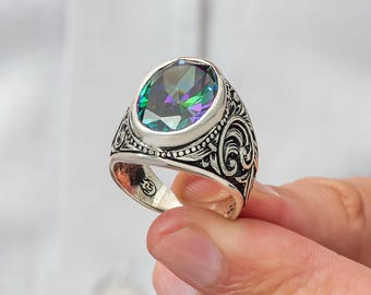 Mystic Topaz 925 Sterling Silver Men's Ring: Turkish Style Jewelry, Handcrafted Engraved Silver Ring, Vintage Statement Ring, Gift For Him