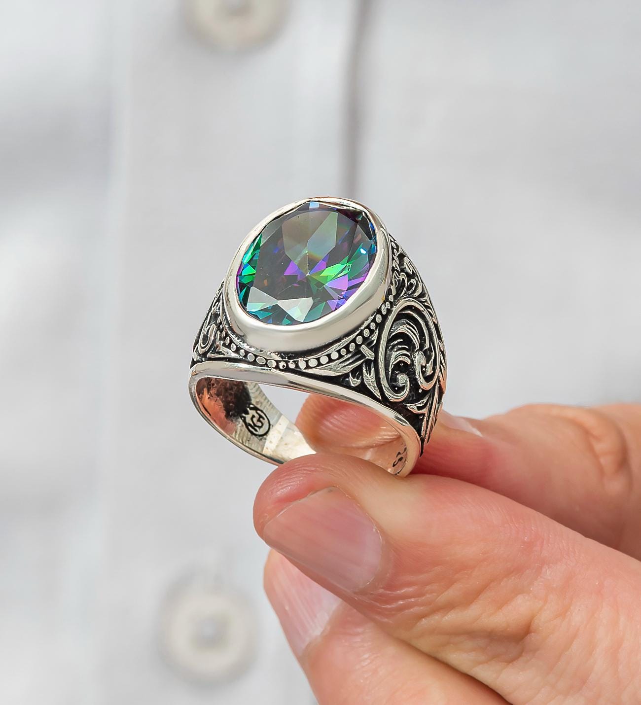 ミスティックトパーズ 925スターリングシルバー メンズリング：トルコ