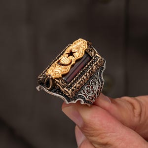 Handgjord ottomansk ring i 925 sterlingsilver: Rubin, present till honom, måne- och stjärnring, turkisk silverring, present till honom