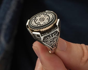 925 Sterling Silver Solomon Seal Men's Ring, Handmade Silver Signet Ring, Unisex Islamic Jewelry, Spiritual Protection Ring, Islamic Gift