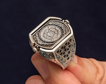Handmade 925 Sterling Silver Men's Ring with Double Sided Onyx Stone, King Solomon Seal Ring, Islamic Talisman Jewelry, Ottoman Style Gift