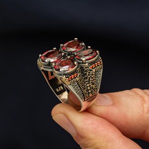 Handmade 925 Sterling Silver Men's Ring with 4 Ruby Stones, Two - Tone Silver Ring, Ruby Statement Ring,  Unique Gift For Him