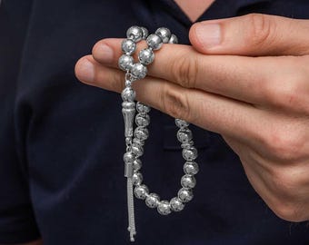 Handmade 925 Sterling Silver Tasbih, Islamic Prayer Beads, Muslim Gift