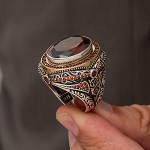 925 Sterling Silver Ruby Ring For Men, Ottoman Style Gemstone Ring, Vintage Statement Jewellery, Turkısh Handmade Silver Men&#39;s Ring