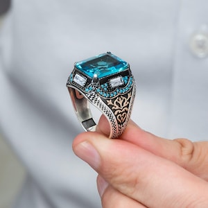 Handmade Sterling Silver Ring with Aqua Stone - Turkish Ottoman Style