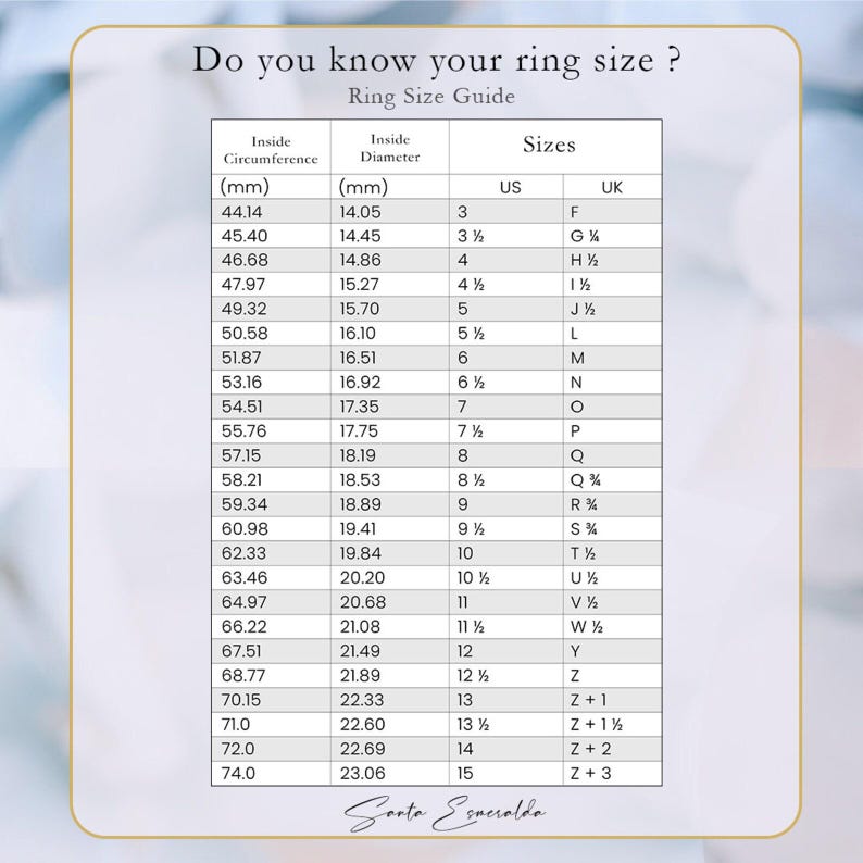 May include: A ring size guide with a cream-colored background. The guide includes measurements in millimeters for inside circumference and diameter, along with corresponding US and UK ring sizes. The text "Do you know your ring size?" is at the top.