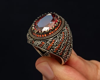 Handmade 925 Sterling Silver Ruby Ring For Men, Natural Ruby Gemstone Ring, Vintage Style Silver Ring, Men's Statement Jewelry Gift