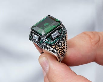 Handmade 925 Sterling Silver Ring: Emerald Stone, Turkish Ottoman Style