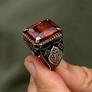 925 Sterling Silver Men&#39;s Ring With Ruby Stone, Ottoman Style Handmade Ring, Natural Gemstone Ring For Him, Turkısh Jewellery Gift