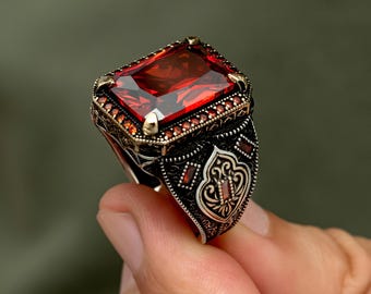 Bague pour homme en argent sterling avec rubis : bijoux de style ottoman faits main, cadeau pour lui, cadeau de fête des pères